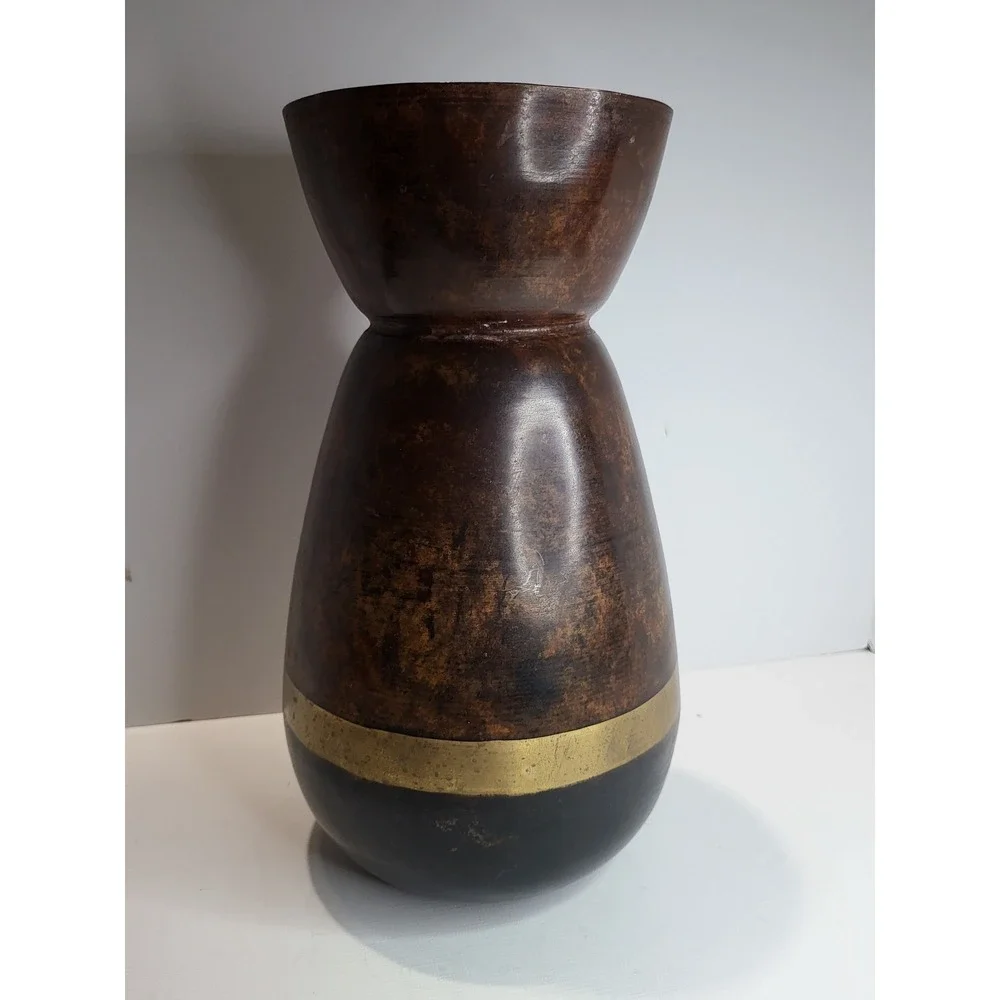 Mid Century Modern Style Metal Vase Tri-Tone Brown Gold Bronze Hourglass 12 Inch